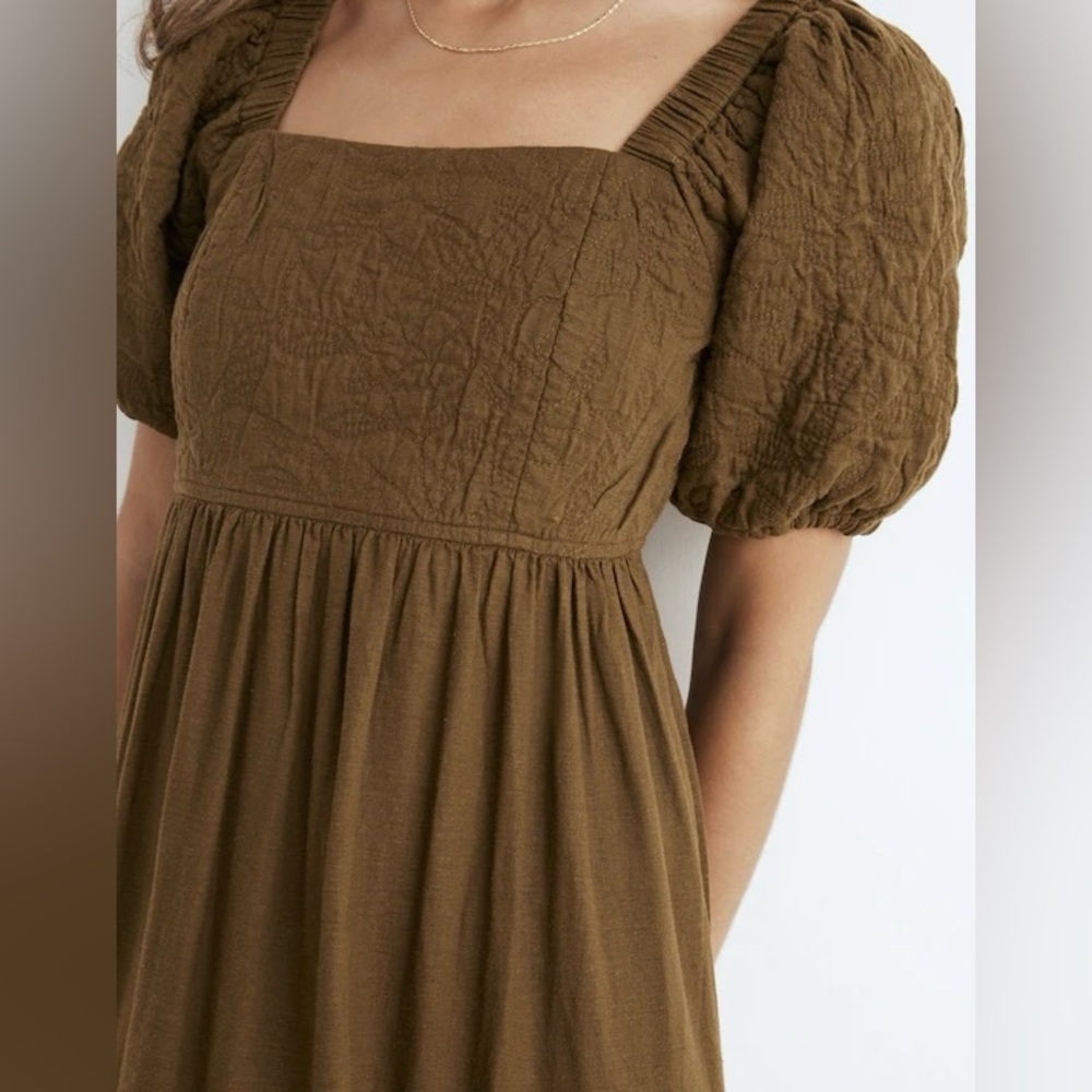 Madewell Tiered Midi Dress Quilted Hemp Blend Olive Green NH112 Size 10 Boho - Picture 5 of 15